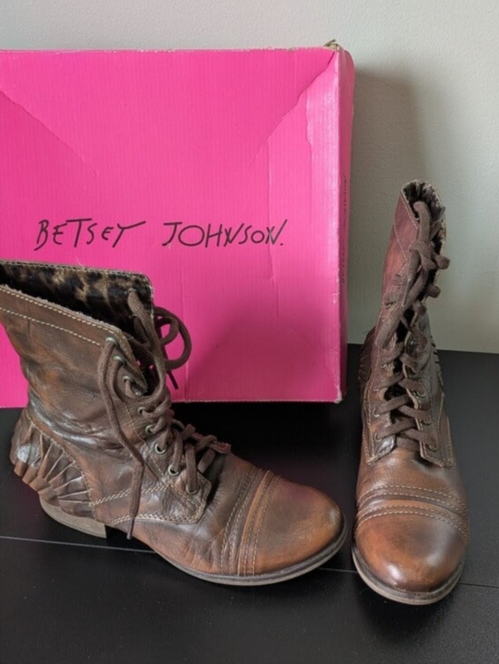 Betsey Johnson Vintage Distressed Brown Leather Combat Boots with Fringe Heel - Picture 10 of 10